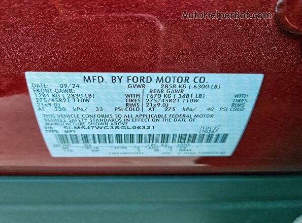 5LM5J7WC3SGL06321 2025 LINCOLN AVIATOR Красный Панорамный вид салона 360°