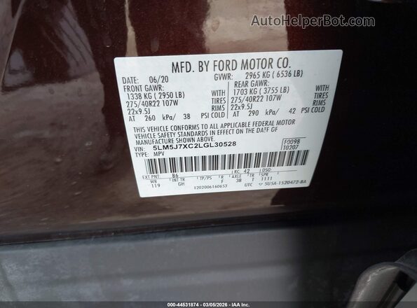 5LM5J7XC2LGL30528 2020 LINCOLN AVIATOR Бордовый Вид подкапотного пространства