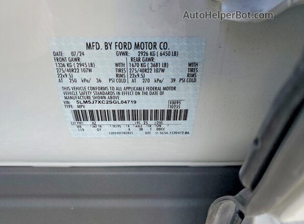 5LM5J7XC2SGL04719 2025 LINCOLN AVIATOR White VIN sticker view