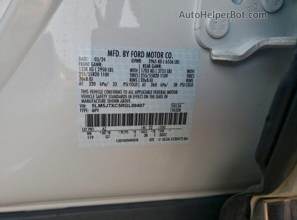 5LM5J7XC5RGL09407 2024 LINCOLN AVIATOR White Vista de la etiqueta del VIN