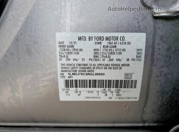 5LM5J7XC6NGL08860 2022 LINCOLN AVIATOR Серебряный Вид наклейки с VIN-кодом