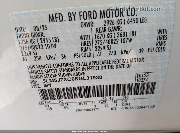 5LM5J7XC6SGL31938 2025 LINCOLN AVIATOR Белый Вид подкапотного пространства