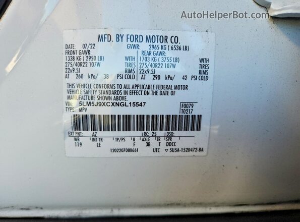 5LM5J9XCXNGL15547 2022 LINCOLN AVIATOR Белый Вид наклейки с VIN-кодом