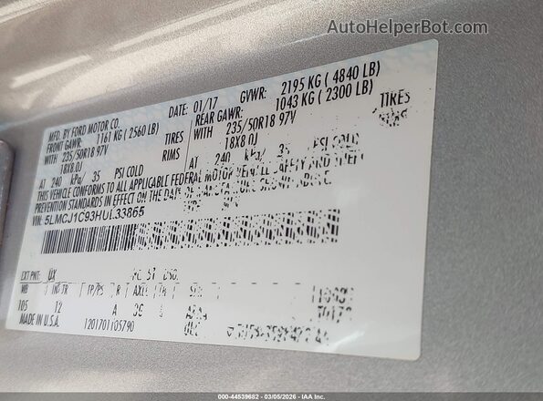 5LMCJ1C93HUL33865 2017 LINCOLN MKC Серебряный Вид подкапотного пространства