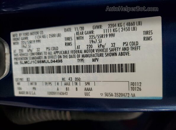 5LMCJ1C98MUL04498 2021 LINCOLN CORSAIR Blue VIN sticker view