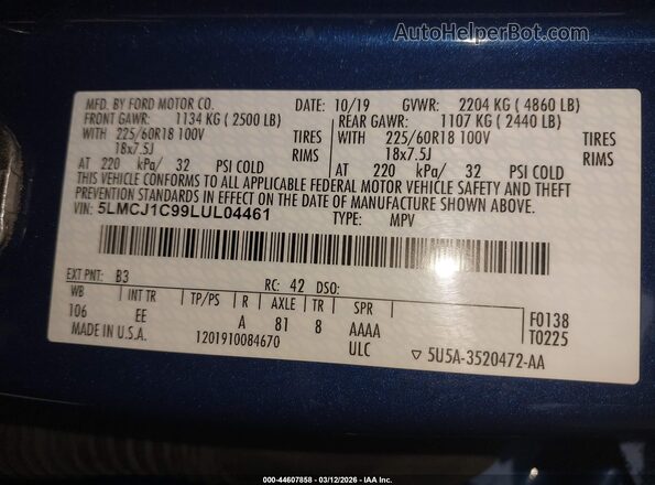 5LMCJ1C99LUL04461 2020 LINCOLN CORSAIR Blue Engine compartment view