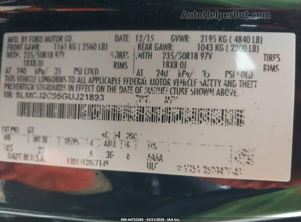 5LMCJ2C95GUJ21893 2016 LINCOLN MKC Черный Вид подкапотного пространства