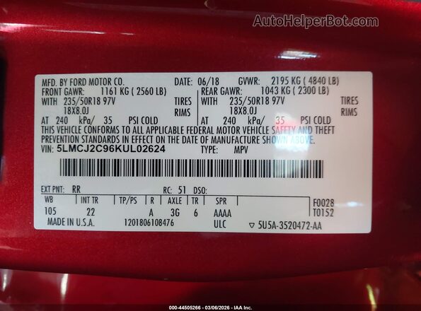 5LMCJ2C96KUL02624 2019 LINCOLN MKC Красный Вид подкапотного пространства