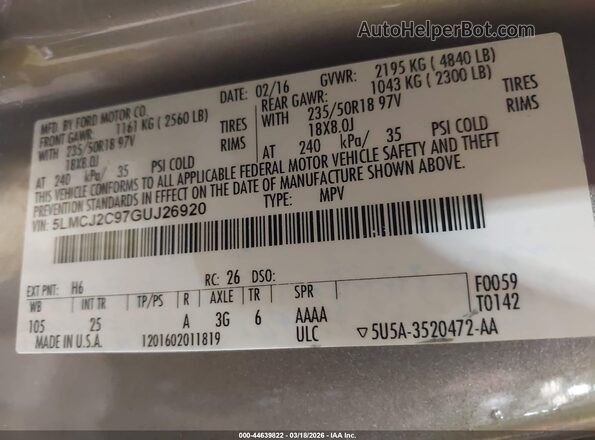 5LMCJ2C97GUJ26920 2016 LINCOLN MKC Gold Widok komory silnika