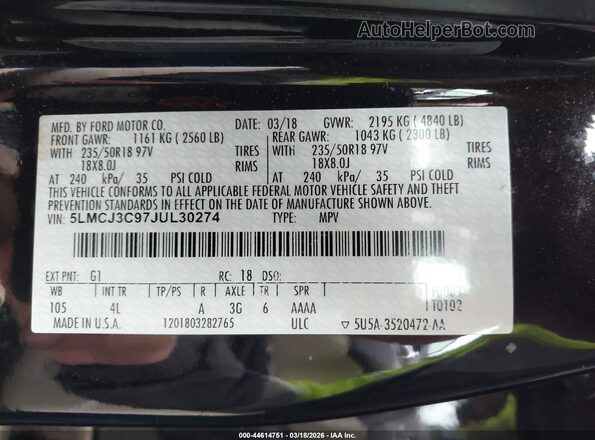 5LMCJ3C97JUL30274 2018 LINCOLN MKC Black Vista del compartimento del motor