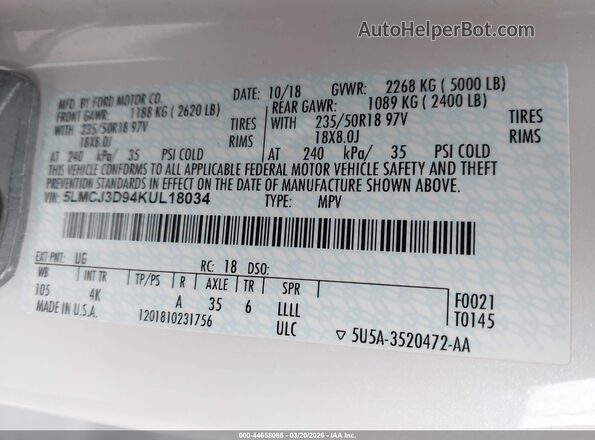 5LMCJ3D94KUL18034 2019 LINCOLN MKC Белый Вид подкапотного пространства