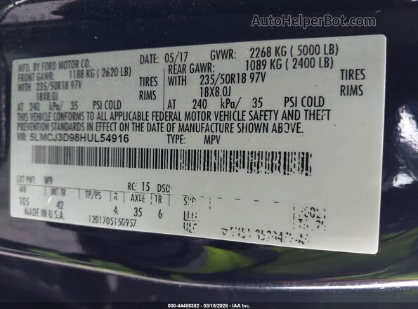 5LMCJ3D98HUL54916 2017 LINCOLN MKC Черный Вид подкапотного пространства