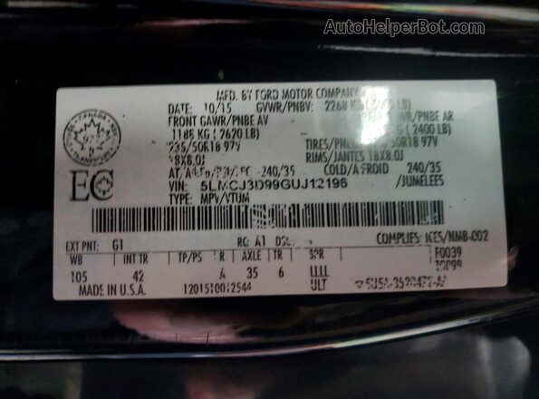5LMCJ3D99GUJ12196 2016 LINCOLN MKC Черный Вид наклейки с VIN-кодом