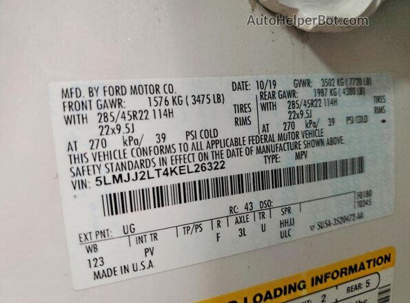 5LMJJ2LT4KEL26322 2019 LINCOLN NAVIGATOR Белый Вид наклейки с VIN-кодом