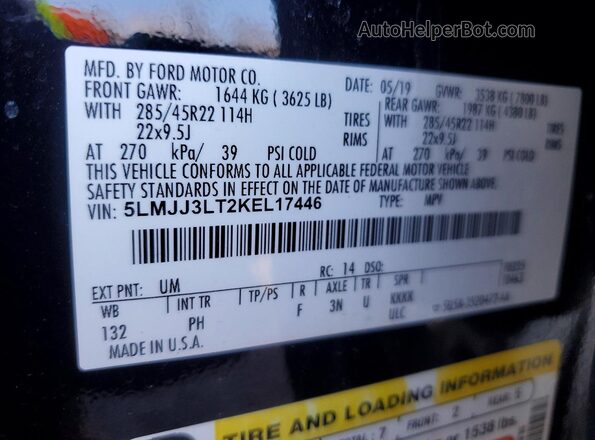 5LMJJ3LT2KEL17446 2019 LINCOLN NAVIGATOR Черный Вид наклейки с VIN-кодом