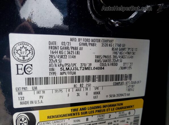 5LMJJ3LT2MEL04084 2021 LINCOLN NAVIGATOR Черный Вид наклейки с VIN-кодом