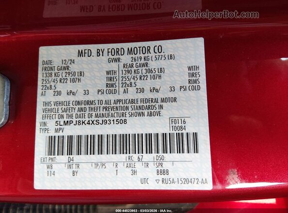 5LMPJ8K4XSJ931508 2025 LINCOLN NAUTILUS Красный Вид подкапотного пространства