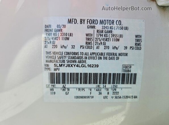 5LMYJ8XY4LGL16239 2020 LINCOLN AVIATOR White Widok naklejki z numerem VIN