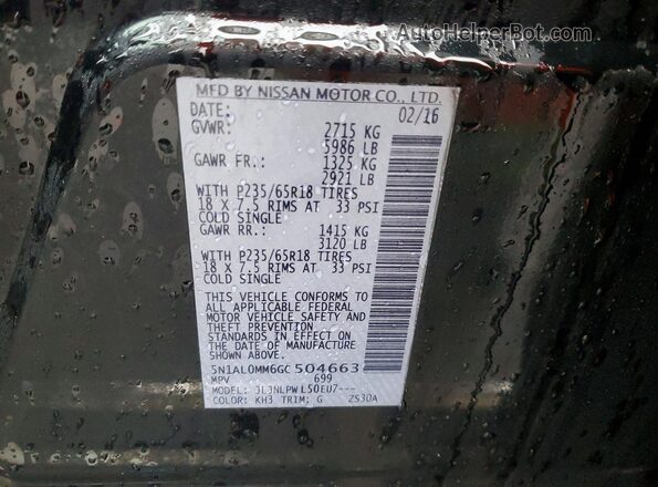 5N1AL0MM6GC504663 2016 INFINITI QX60 Black VIN კოდის სტიკერის ხედი