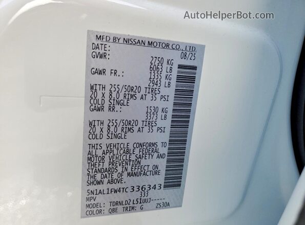 5N1AL1FW4TC336343 2026 INFINITI QX60 Белый Вид наклейки с VIN-кодом