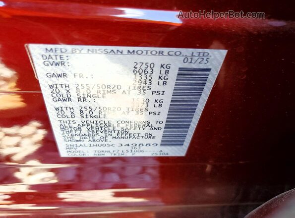 5N1AL1HU0SC349889 2025 INFINITI QX60 Красный Вид наклейки с VIN-кодом