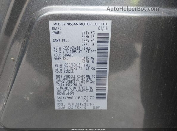 5N1AR2MM1GC617172 2016 NISSAN PATHFINDER Gray Vista del compartimento del motor