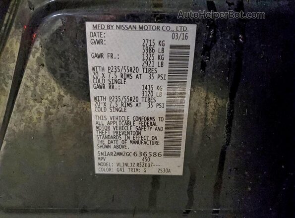 5N1AR2MM2GC636586 2016 NISSAN PATHFINDER Black Вид наклейки з VIN-кодом