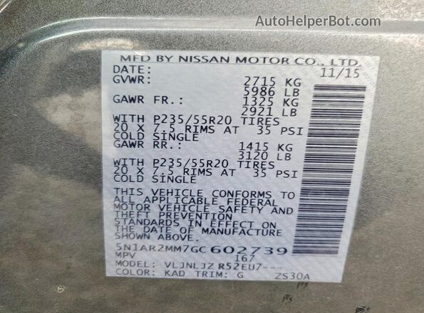 5N1AR2MM7GC602739 2016 NISSAN PATHFINDER Black VIN sticker view