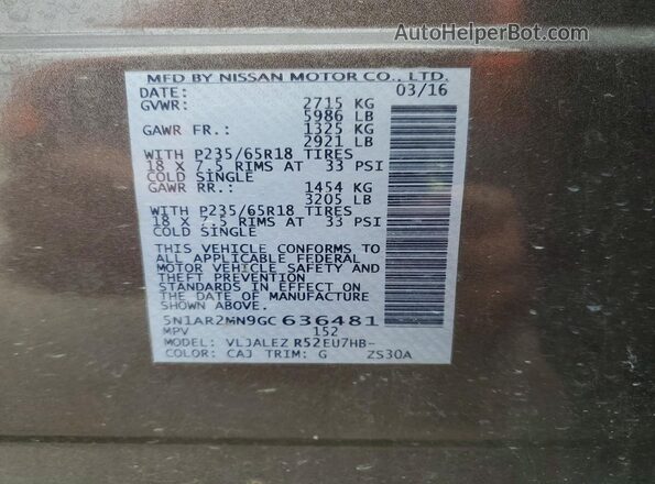5N1AR2MN9GC636481 2016 NISSAN PATHFINDER Желто-коричневый Вид наклейки с VIN-кодом
