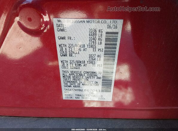 5N1AT2MT0GC867043 2016 NISSAN ROGUE Red Widok komory silnika