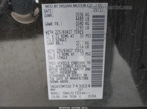 5N1AT2MT1GC743024 2016 NISSAN ROGUE Black Vista del compartimento del motor