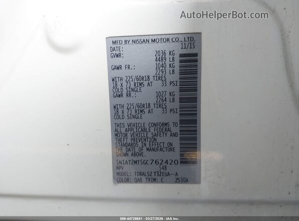 5N1AT2MT5GC762420 2016 NISSAN ROGUE Белый Вид подкапотного пространства