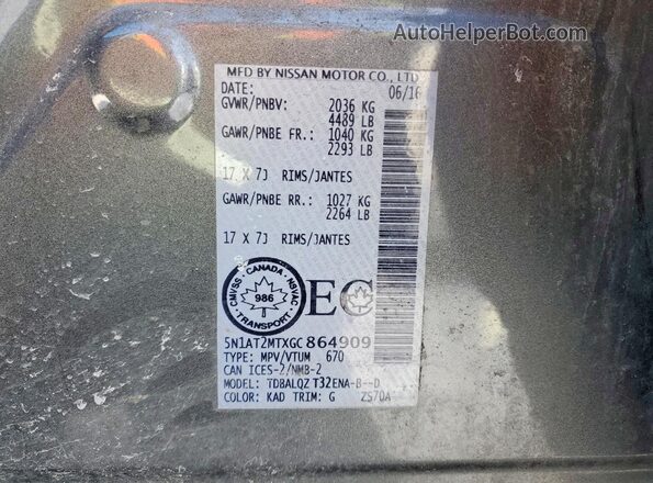 5N1AT2MTXGC864909 2016 NISSAN ROGUE Серый Вид наклейки с VIN-кодом