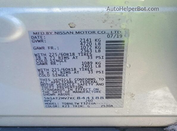 5N1AT2MV7KC844188 2019 NISSAN ROGUE Silver Vista de la etiqueta del VIN