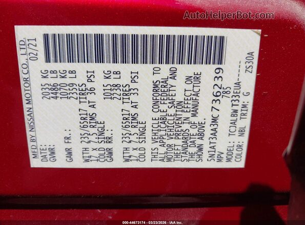 5N1AT3AA3MC736239 2021 NISSAN ROGUE Red Widok komory silnika