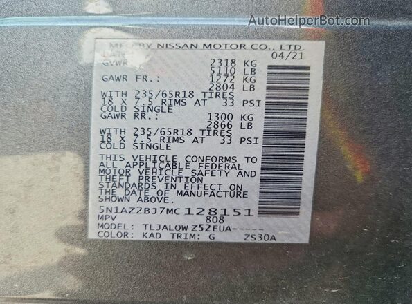5N1AZ2BJ7MC128151 2021 NISSAN MURANO Silver Вид наклейки з VIN-кодом