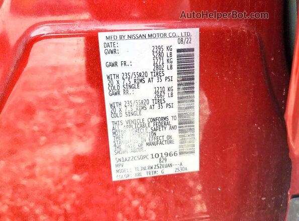 5N1AZ2CS0PC101966 2023 NISSAN MURANO Red VIN კოდის სტიკერის ხედი