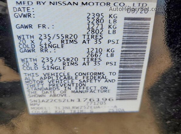5N1AZ2CS2LN176196 2020 NISSAN MURANO Черный Вид наклейки с VIN-кодом