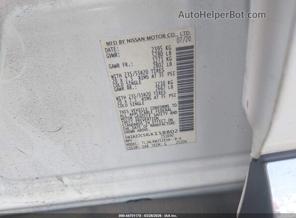 5N1AZ2CS4LN158802 2020 NISSAN MURANO Белый Вид подкапотного пространства