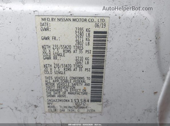 5N1AZ2MS0KN151584 2019 NISSAN MURANO White Engine compartment view