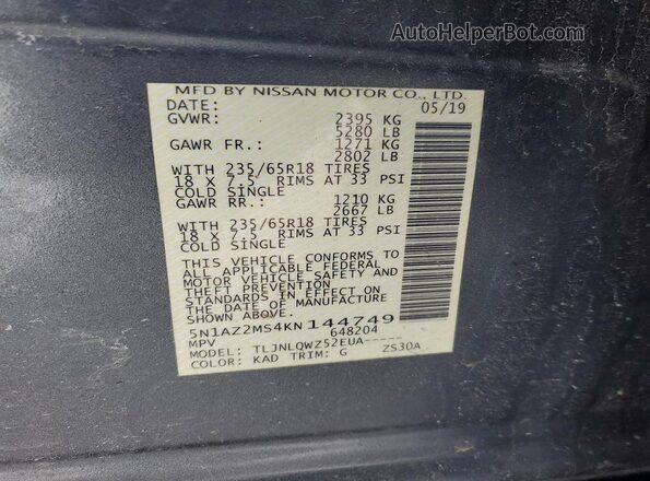 5N1AZ2MS4KN144749 2019 NISSAN MURANO Gray Widok naklejki z numerem VIN