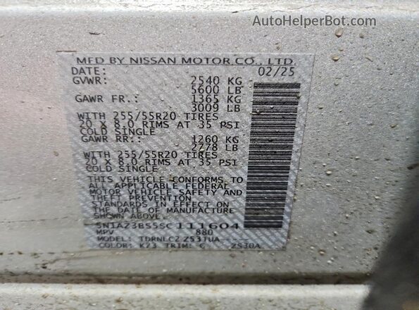 5N1AZ3BS5SC111604 2025 NISSAN MURANO Серебряный Вид наклейки с VIN-кодом