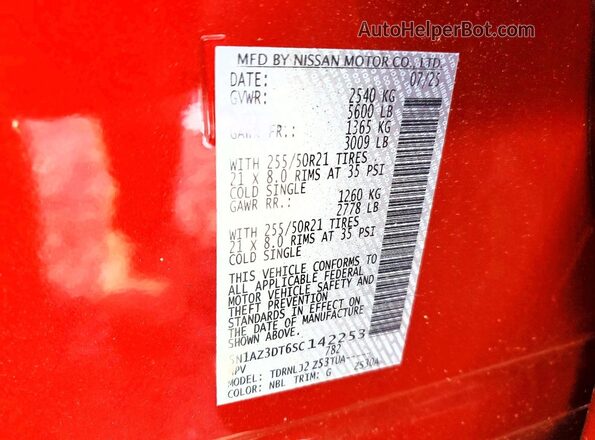 5N1AZ3DT6SC142253 2025 NISSAN MURANO Красный Вид наклейки с VIN-кодом
