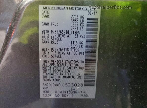 5N1DL0MM0HC523028 2017 INFINITI QX60 Gray Widok naklejki z numerem VIN