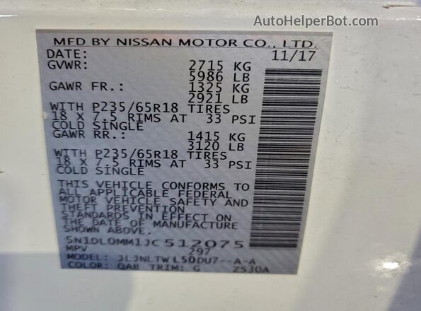 5N1DL0MM1JC512075 2018 INFINITI QX60 Белый Вид наклейки с VIN-кодом