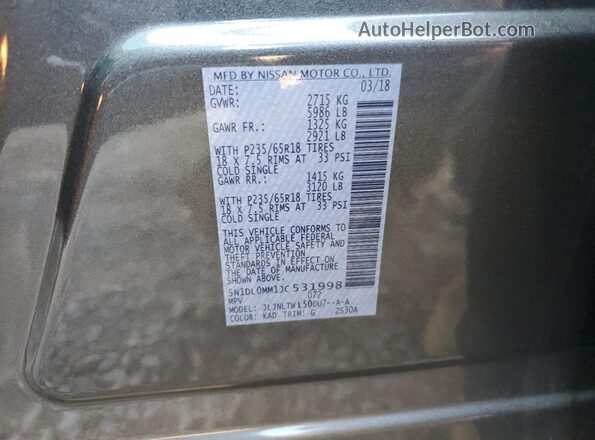 5N1DL0MM1JC531998 2018 INFINITI QX60 Gray Widok naklejki z numerem VIN