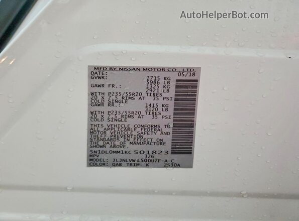5N1DL0MM1KC501823 2019 INFINITI QX60 Белый Вид наклейки с VIN-кодом