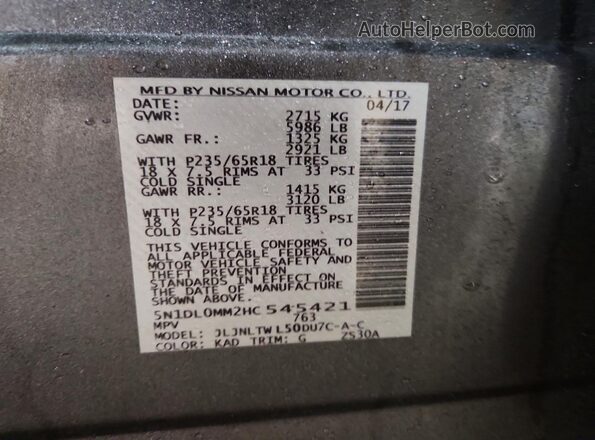 5N1DL0MM2HC545421 2017 INFINITI QX60 Серый Вид наклейки с VIN-кодом