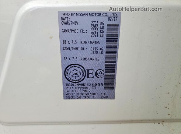 5N1DL0MM6HC526855 2017 INFINITI QX60 Белый Вид наклейки с VIN-кодом
