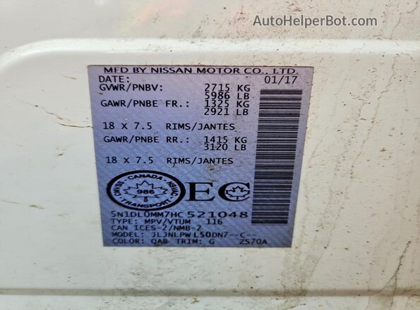 5N1DL0MM7HC521048 2017 INFINITI QX60 Белый Вид наклейки с VIN-кодом